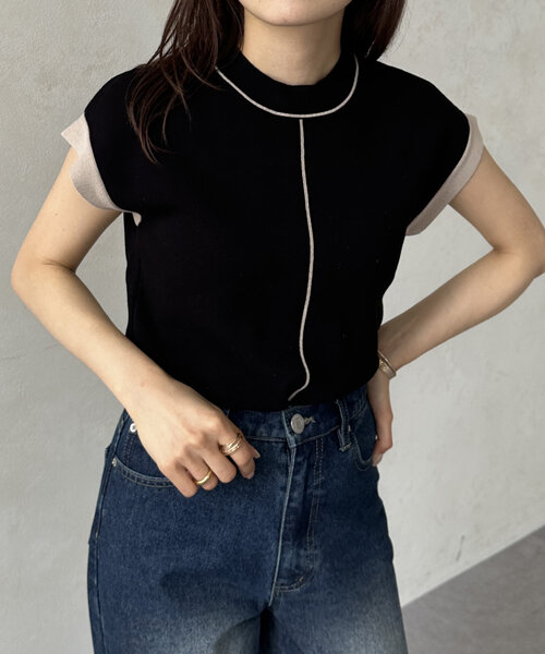 Thevon（ゼボン）の「袖先配色フレンチニットプルオーバー（ニット/セーター・レディース・ブラック/ベージュ/ライトグレー/グリーン・FREE）」の6枚目の写真