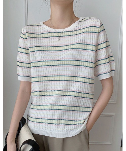 STELLA McCARTNEY マルチボーダートップス シルク混コットン セール】マルチ ボーダー サマー ニット トップス（ニット