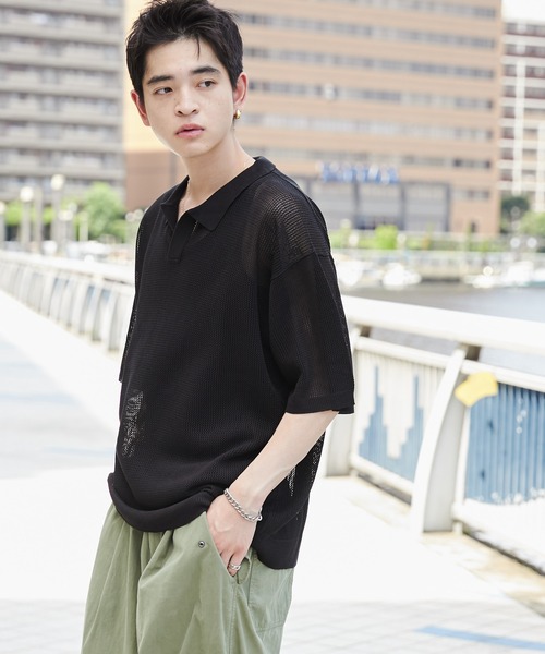 WEGO（ウィゴー）の「WEGO/メッシュポロニットプルオーバー（ニット/セーター・メンズ・ブラック/マスタード・MEDIUM/LARGE）」の2枚目の写真