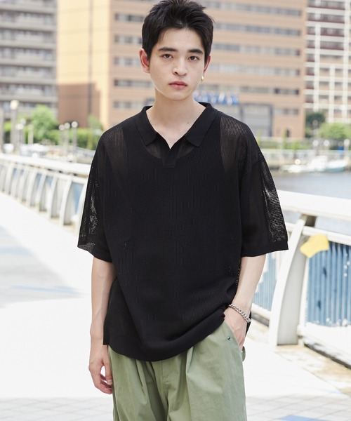 WEGO（ウィゴー）の「WEGO/メッシュポロニットプルオーバー（ニット/セーター・メンズ・ブラック/マスタード・MEDIUM/LARGE）」の4枚目の写真