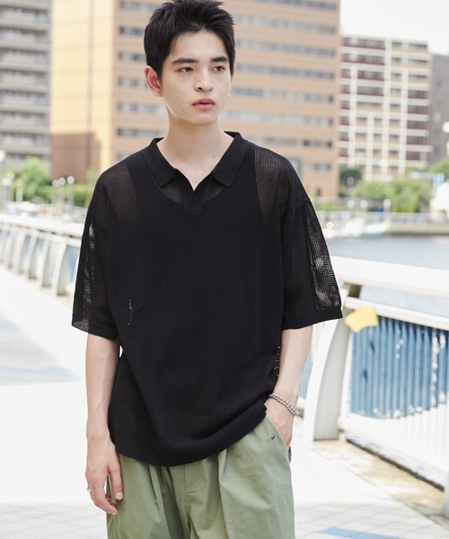 WEGO（ウィゴー）の「WEGO/メッシュポロニットプルオーバー（ニット/セーター・メンズ・ブラック/マスタード・MEDIUM/LARGE）」の5枚目の写真