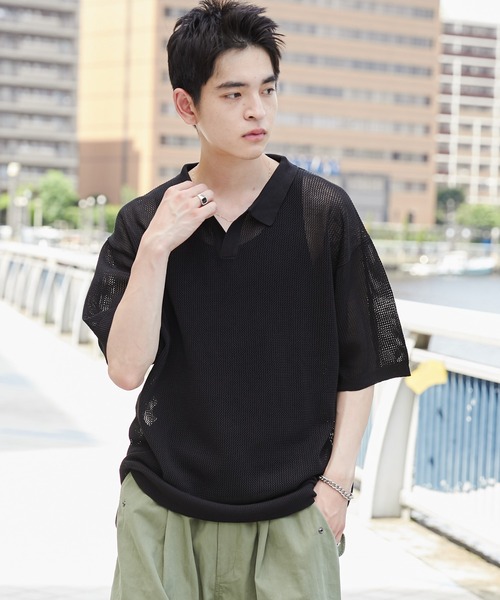 WEGO（ウィゴー）の「WEGO/メッシュポロニットプルオーバー（ニット/セーター・メンズ・ブラック/マスタード・MEDIUM/LARGE）」の9枚目の写真