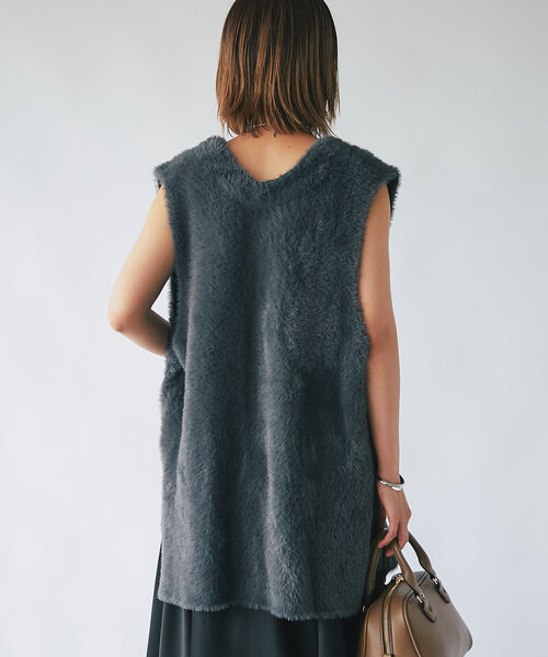 【セール】《モードなレイヤードスタイル》ダブルフェイスシャギージレ(ベスト)|un dix cors(アンディコール) 【セール】《モードなレイヤードスタイル》ダブルフェイスシャギージレ(ベスト)|un dix cors(アンディコール)