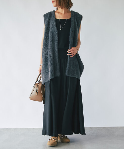 【セール】《モードなレイヤードスタイル》ダブルフェイスシャギージレ(ベスト)|un dix cors(アンディコール) 【セール】《モードなレイヤードスタイル》ダブルフェイスシャギージレ(ベスト)|un dix cors(アンディコール)