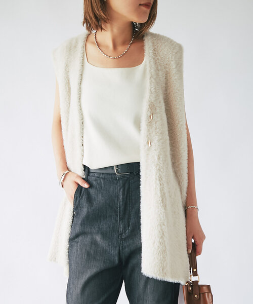 【セール】《モードなレイヤードスタイル》ダブルフェイスシャギージレ(ベスト)|un dix cors(アンディコール) 【セール】《モードなレイヤードスタイル》ダブルフェイスシャギージレ(ベスト)|un dix cors(アンディコール)