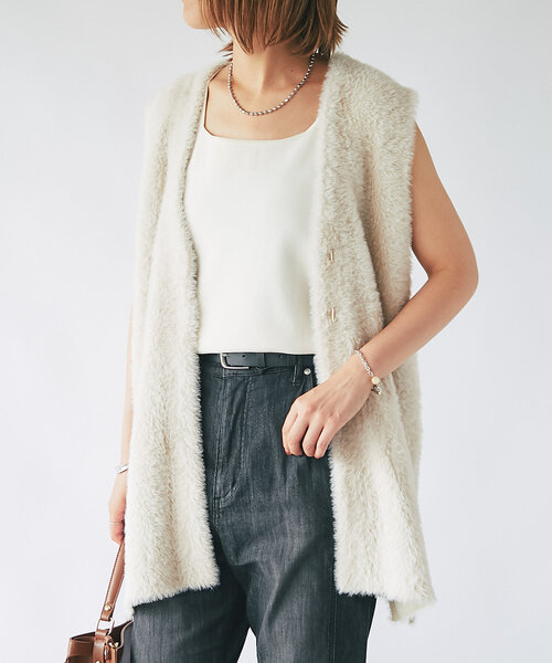 【セール】《モードなレイヤードスタイル》ダブルフェイスシャギージレ(ベスト)|un dix cors(アンディコール) 【セール】《モードなレイヤードスタイル》ダブルフェイスシャギージレ(ベスト)|un dix cors(アンディコール)