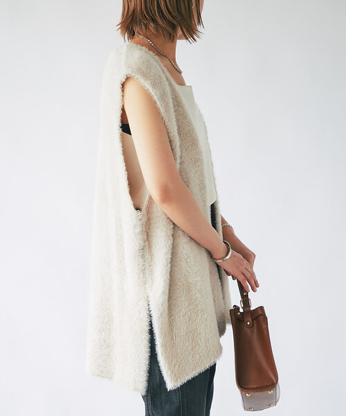 【セール】《モードなレイヤードスタイル》ダブルフェイスシャギージレ(ベスト)|un dix cors(アンディコール) 【セール】《モードなレイヤードスタイル》ダブルフェイスシャギージレ(ベスト)|un dix cors(アンディコール)