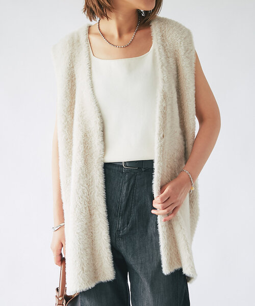 【セール】《モードなレイヤードスタイル》ダブルフェイスシャギージレ(ベスト)|un dix cors(アンディコール) 【セール】《モードなレイヤードスタイル》ダブルフェイスシャギージレ(ベスト)|un dix cors(アンディコール)