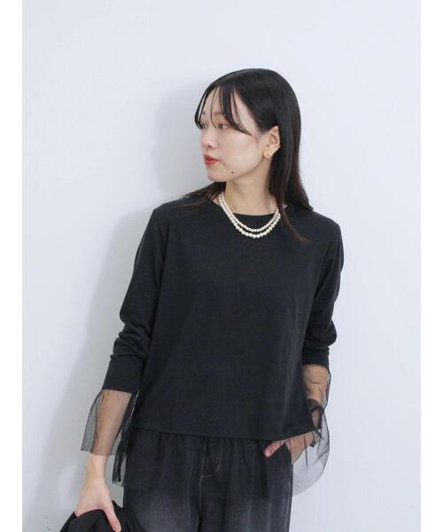 Samansa Mos2 blue（サマンサモスモスブルー）の「袖裾チュール付ロンT（Tシャツ/カットソー・レディース・オフホワイト/ブラック/キナリ・F）」の13枚目の写真