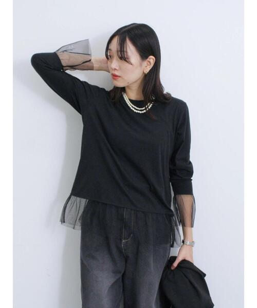 Samansa Mos2 blue（サマンサモスモスブルー）の「袖裾チュール付ロンT（Tシャツ/カットソー・レディース・オフホワイト/ブラック/キナリ・F）」の15枚目の写真