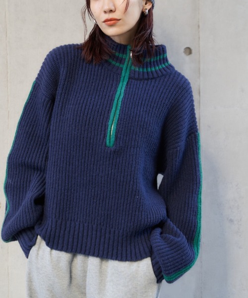 Auntie Rosa Holiday(アンティローザホリデー)の「ラインリブハーフジップニット(ニット/セーター・レディース・ネイビー/ブルー/アイボリー・FREE)」の2枚目の写真