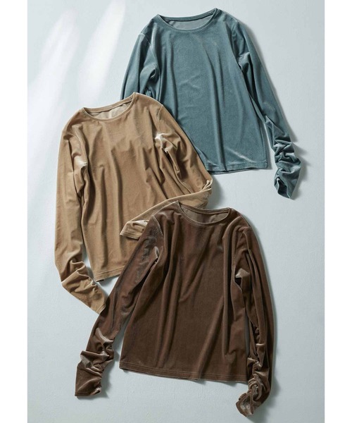 IEDIT（イディット）の「ＩＥＤＩＴ　袖シャーリングで着映えるベロアトップス（Tシャツ/カットソー・レディース・ブラウン/サックスブルー/ベージュ・LL/3L/M/L/S/4L）」の12枚目の写真