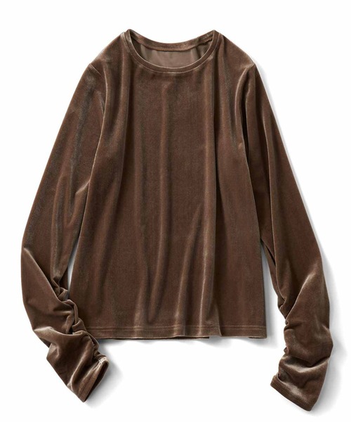 IEDIT（イディット）の「ＩＥＤＩＴ　袖シャーリングで着映えるベロアトップス（Tシャツ/カットソー・レディース・ブラウン/サックスブルー/ベージュ・LL/3L/M/L/S/4L）」の4枚目の写真