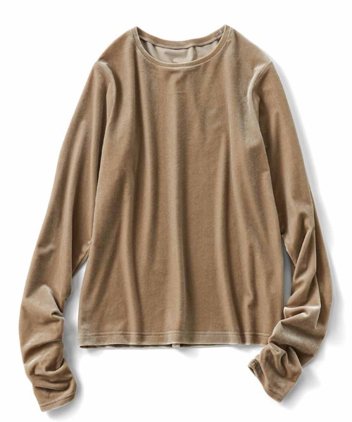 IEDIT（イディット）の「ＩＥＤＩＴ　袖シャーリングで着映えるベロアトップス（Tシャツ/カットソー・レディース・ブラウン/サックスブルー/ベージュ・LL/3L/M/L/S/4L）」の5枚目の写真