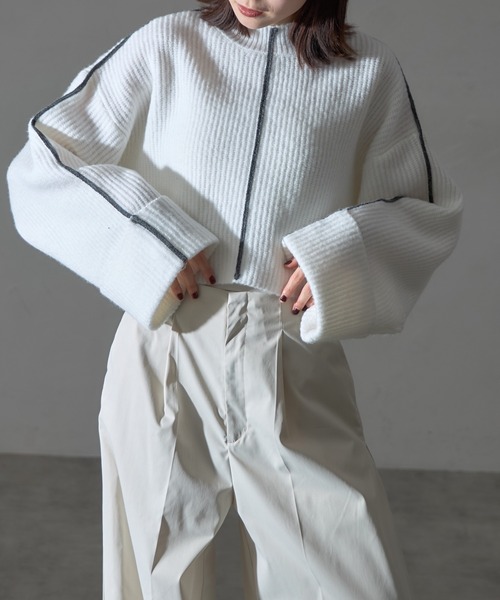 【セール】配色ラインクロップドオーバーサイズニット（ニット/セーター）｜each（イーチ）