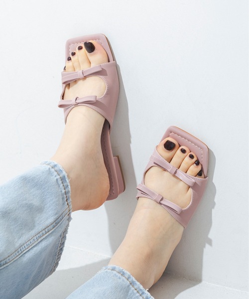 【クッション入り・柔らかい】スクエアリボンフラットサンダルIY5634