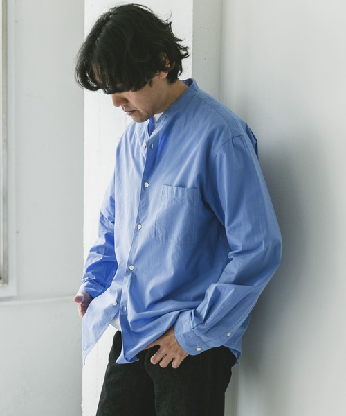 セール】シルクブレンド ロングスリーブバンドカラーシャツ