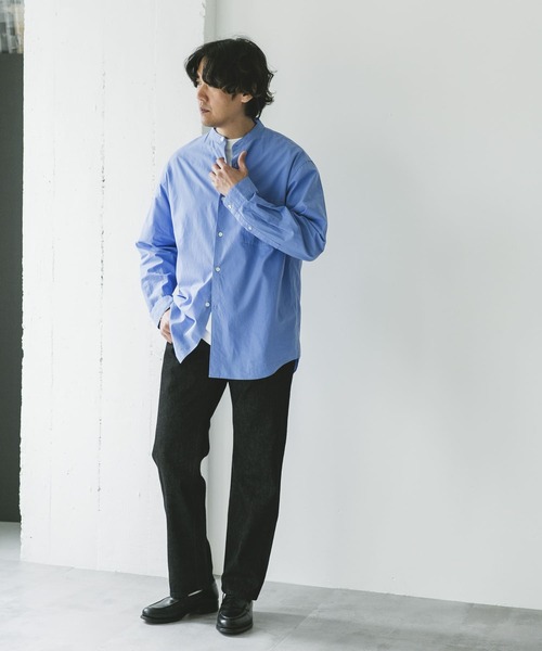 アーバンリサーチドアーズ/ バンドカラーシャツ / ネイビー / 長袖 セール】シルクブレンド ロングスリーブバンドカラーシャツ