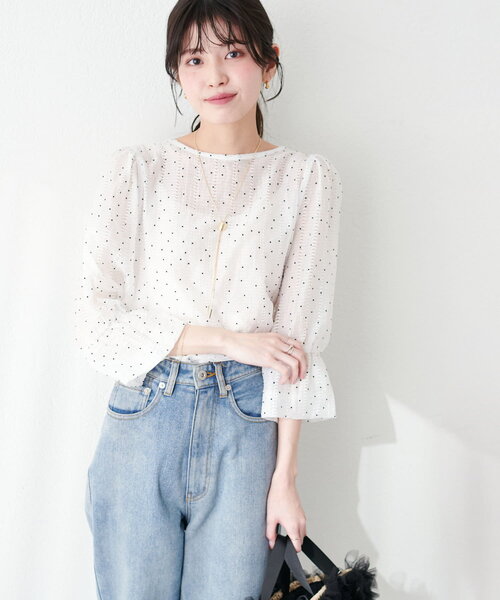 natural couture(ナチュラルクチュール)の「シアー×フロッキーバルーンフリル袖ブラウス(シャツ/ブラウス・レディース・アイボリー/オフホワイト/グレー/ブラック/ミント・FREE)」の6枚目の写真