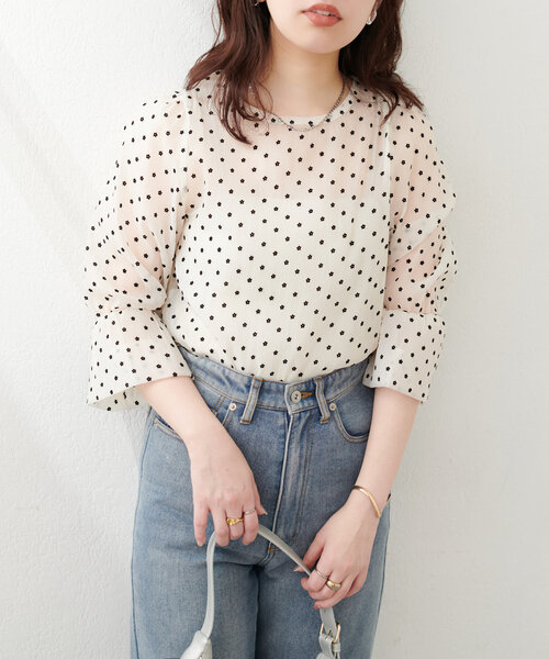 natural couture(ナチュラルクチュール)の「シアー×フロッキーバルーンフリル袖ブラウス(シャツ/ブラウス・レディース・アイボリー/オフホワイト/グレー/ブラック/ミント・FREE)」の16枚目の写真