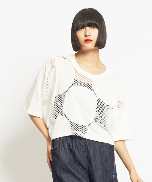 gomme（ゴム）の「ドットメッシュ　クロップドコクーンＴ（Tシャツ/カットソー・レディース・ブラック/ホワイト・MEDIUM）」の2枚目の写真