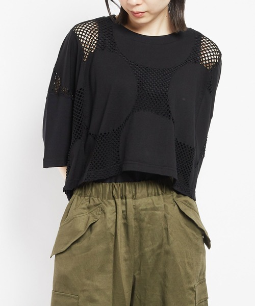 gomme（ゴム）の「ドットメッシュ　クロップドコクーンＴ（Tシャツ/カットソー・レディース・ブラック/ホワイト・MEDIUM）」の1枚目の写真