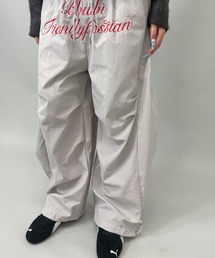 【裏起毛バージョン追加】刺繍レタリングワイドオールドスクールナイロンストリングパンツ