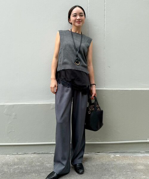 新品同様　motomi.mリネン100%パンツ　チャコールグレー 春名亜美さんコラボ ]選べる3丈リネンライクタックパンツ