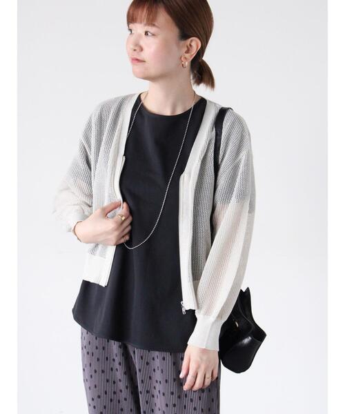 Lugnoncure（ルノンキュール）の「ラメ混メッシュ編みジップカーディガン（カーディガン/ボレロ・レディース・オフホワイト/チャコールグレー/グレー・F）」の2枚目の写真