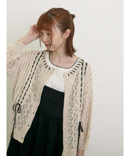 Samansa Mos2（サマンサ モスモス）の「透かし編み前後2WAYリボンニット（カーディガン/ボレロ・レディース・ブラック/キナリ/ミント・F）」の2枚目の写真