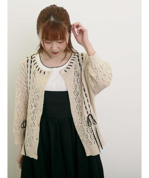 Samansa Mos2（サマンサ モスモス）の「透かし編み前後2WAYリボンニット（カーディガン/ボレロ・レディース・ブラック/キナリ/ミント・F）」の5枚目の写真