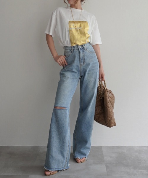 Rashik(ラシク)の「箔プリント冷感Tシャツ 接触冷感(Tシャツ/カットソー・レディース・ホワイト×シルバー/ブラック×シルバー/ホワイト×ゴールド・FREE)」の8枚目の写真
