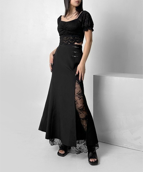 LVEU.(ラブユ.)の「【LVEU.】マルチウェイシャーリングレーススカート / ボトムス スカート レース シャーリング リボン マルチウェイ シャーリング フレア レイヤード ブラック(スカート・レディース・ブラック・FREE)」の2枚目の写真