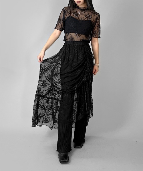 LVEU.(ラブユ.)の「【LVEU.】マルチウェイシャーリングレーススカート / ボトムス スカート レース シャーリング リボン マルチウェイ シャーリング フレア レイヤード ブラック(スカート・レディース・ブラック・FREE)」の8枚目の写真