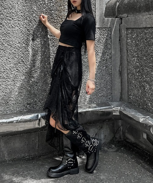 LVEU.(ラブユ.)の「【LVEU.】マルチウェイシャーリングレーススカート / ボトムス スカート レース シャーリング リボン マルチウェイ シャーリング フレア レイヤード ブラック(スカート・レディース・ブラック・FREE)」の9枚目の写真