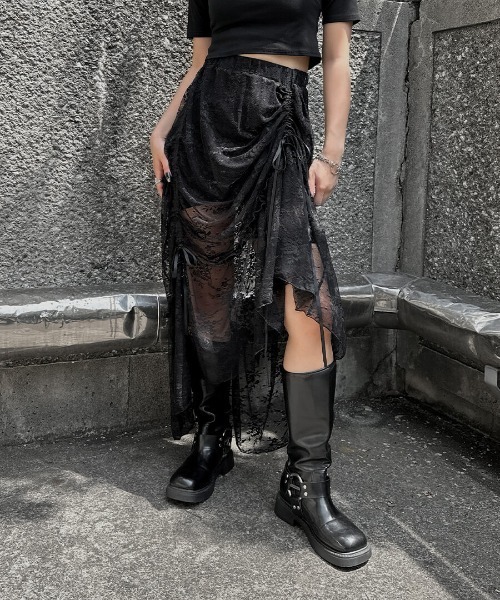 LVEU.(ラブユ.)の「【LVEU.】マルチウェイシャーリングレーススカート / ボトムス スカート レース シャーリング リボン マルチウェイ シャーリング フレア レイヤード ブラック(スカート・レディース・ブラック・FREE)」の11枚目の写真