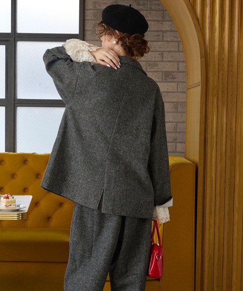 ★美品★エルマンノシェルヴィーノ テーラードジャケット ボア フレア グレー44 BONLECILL noir】＜セットアップ対応＞ツイードレイヤードダブル