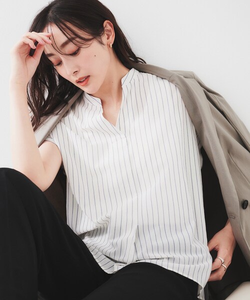 セール】【洗える/スキッパー】フレンチスリーブシアーブラウス