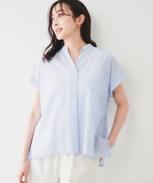 UNTITLED(アンタイトル)の「【洗える/スキッパー】フレンチスリーブシアーブラウス(シャツ/ブラウス・レディース・サックスブルー系2/ブラック/スモーキーグリーン系/ホワイト系5・50/44/48/00/02/04)」の4枚目の写真