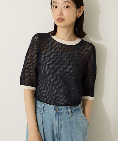 AMERICAN HOLIC(アメリカンホリック)の「配色メッシュニットリンガーTシャツ(ニット/セーター・レディース・アイボリー/ネイビー/ブラウン・M/L)」の5枚目の写真