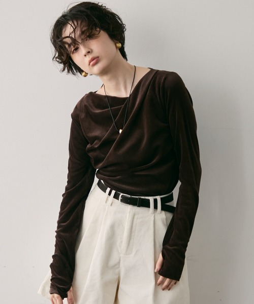 Trish（トリッシュ）の「シアーフロッキードレープロンT（Tシャツ/カットソー・レディース・ブラック/ブラウン/ホワイト・FREE）」の3枚目の写真