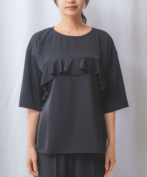 ナラカミーチェ（NARACAMICIE）/【NARACAMICIE】ジョーゼットフロントフリル七分袖プルオーバー セール】【NARACAMICIE】ジョーゼットフロントフリル七分袖プル