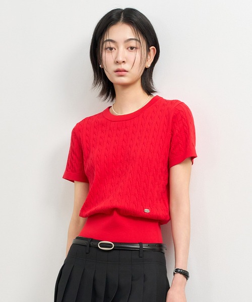 GENERAL IDEA（ジェネラルアイデア）の「GENERAL IDEA/ジェネラルアイディア tencel cable half knit 半袖ニット（ニット/セーター・レディース・ブラック/イエロー/ホワイト/レッド・L/S/M）」の4枚目の写真