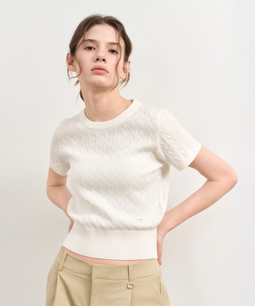 GENERAL IDEA（ジェネラルアイデア）の「GENERAL IDEA/ジェネラルアイディア tencel cable half knit 半袖ニット（ニット/セーター・レディース・ブラック/イエロー/ホワイト/レッド・L/S/M）」の2枚目の写真