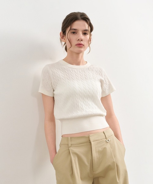 GENERAL IDEA（ジェネラルアイデア）の「GENERAL IDEA/ジェネラルアイディア tencel cable half knit 半袖ニット（ニット/セーター・レディース・ブラック/イエロー/ホワイト/レッド・L/S/M）」の10枚目の写真