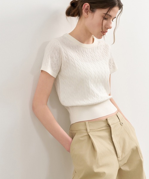 GENERAL IDEA（ジェネラルアイデア）の「GENERAL IDEA/ジェネラルアイディア tencel cable half knit 半袖ニット（ニット/セーター・レディース・ブラック/イエロー/ホワイト/レッド・L/S/M）」の9枚目の写真