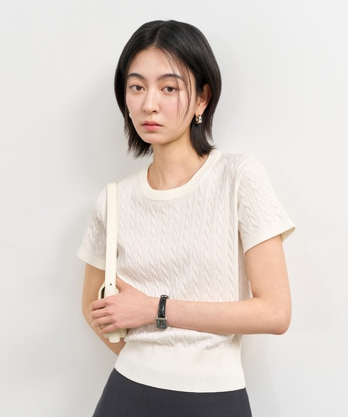 GENERAL IDEA（ジェネラルアイデア）の「GENERAL IDEA/ジェネラルアイディア tencel cable half knit 半袖ニット（ニット/セーター・レディース・ブラック/イエロー/ホワイト/レッド・L/S/M）」の14枚目の写真