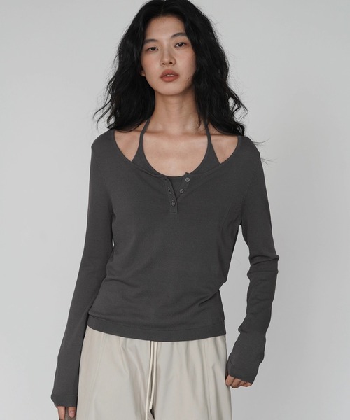レイヤードヘンリーネックトップス EM25a035【EIGHTHMONTH】
