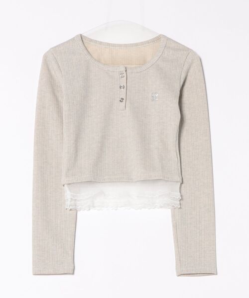 Lace Ladies(レースレディース)の「レース フェイクレイヤード ヘンリーネック リブ トップス(Tシャツ/カットソー・レディース・グレイッシュベージュ・M/XL/S)」の2枚目の写真