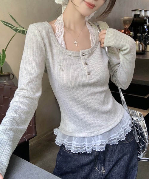 Lace Ladies(レースレディース)の「レース フェイクレイヤード ヘンリーネック リブ トップス(Tシャツ/カットソー・レディース・グレイッシュベージュ・M/XL/S)」の5枚目の写真